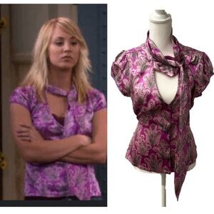 ASO The Big Bang Theory Penny Kaley Cuoco Early 2000s Y2K Feather Blouse Silk